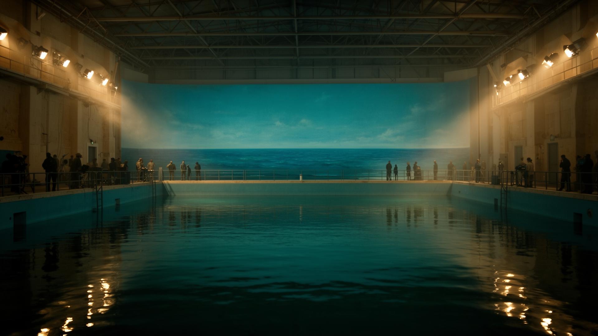Cinematic interior of the Malta water tank with horizon backdrop