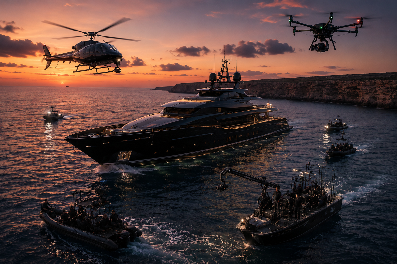 Black superyacht at sunset off the Maltese coast escorted by helicopter, drone, camera boats and tactical support vessels