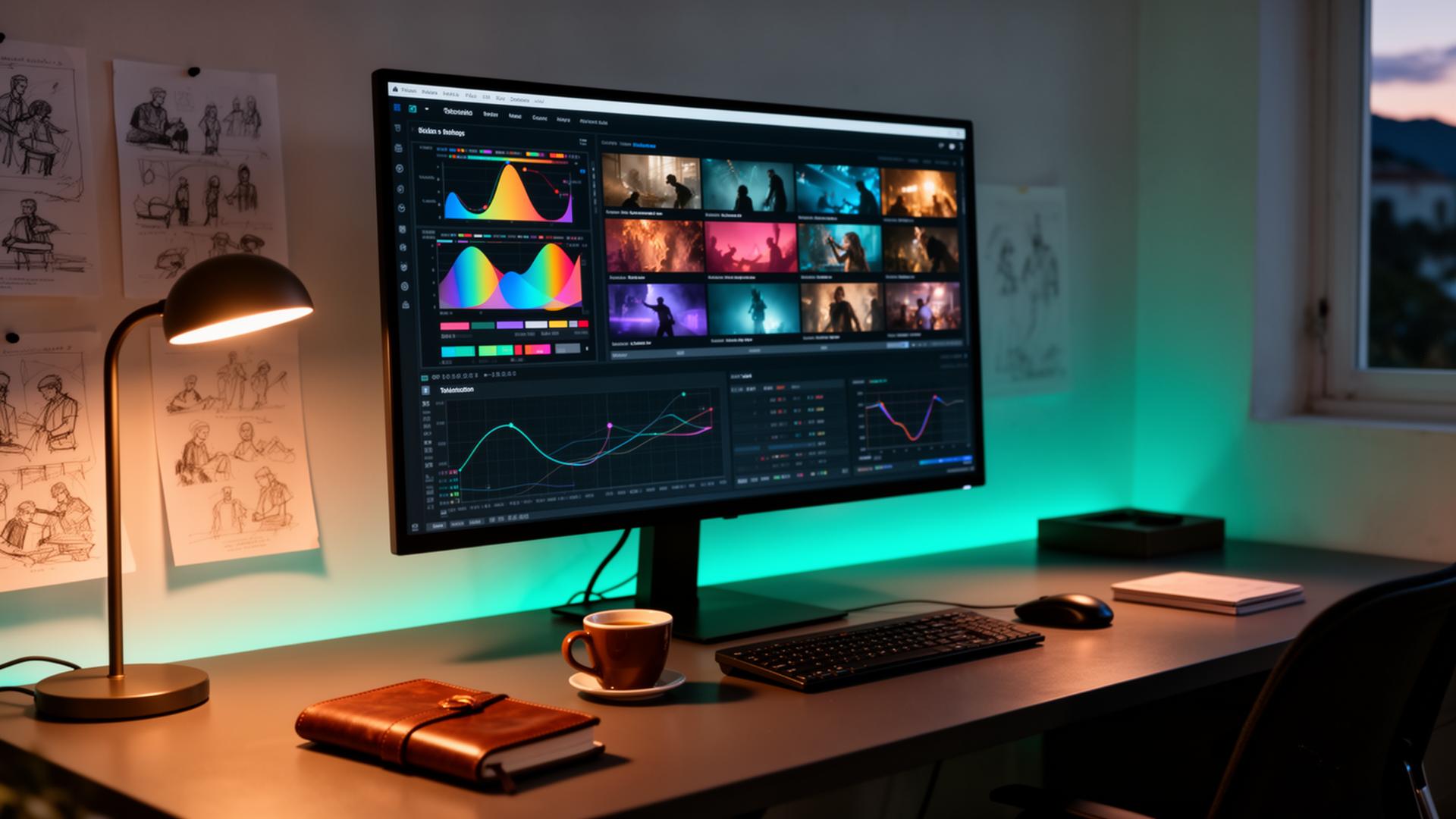 Cinematic creative studio workstation at dusk with storyboards and analytics