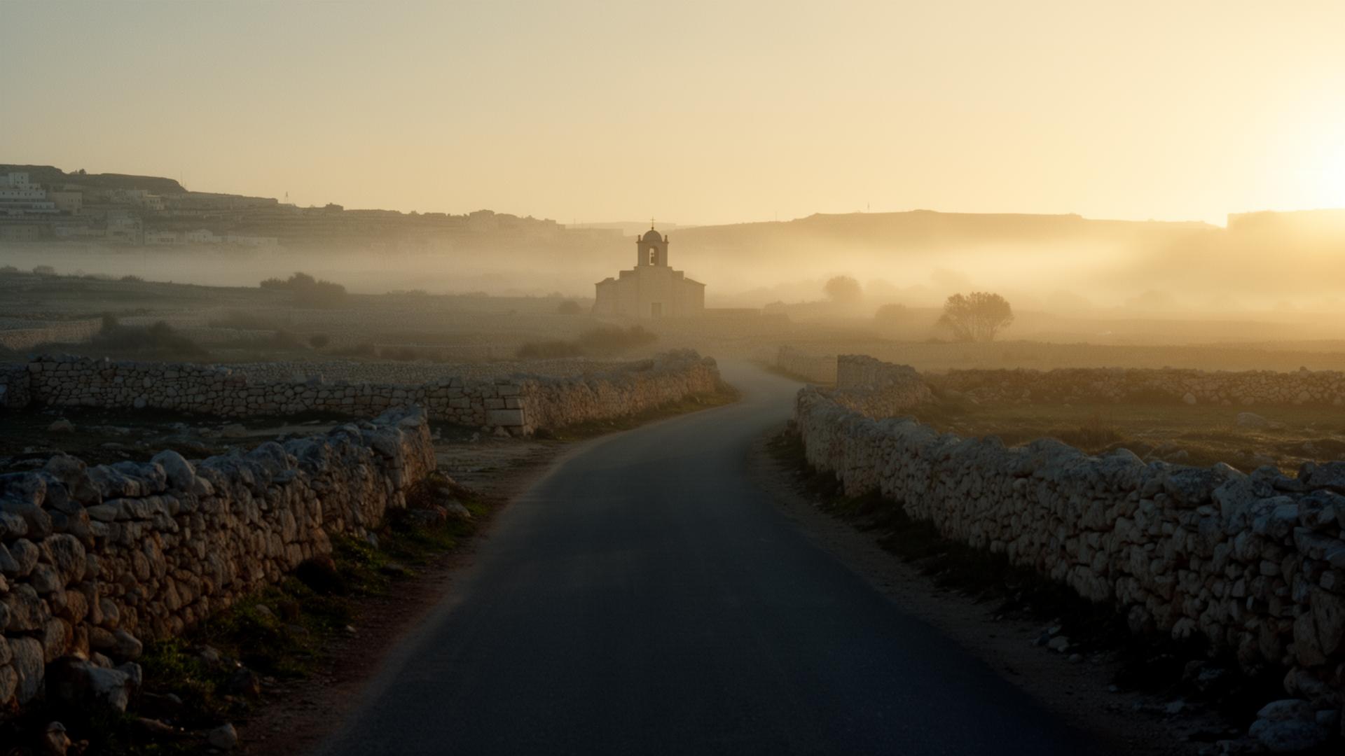 Empty Gozo road at dawn with soft fog and a distant chapel