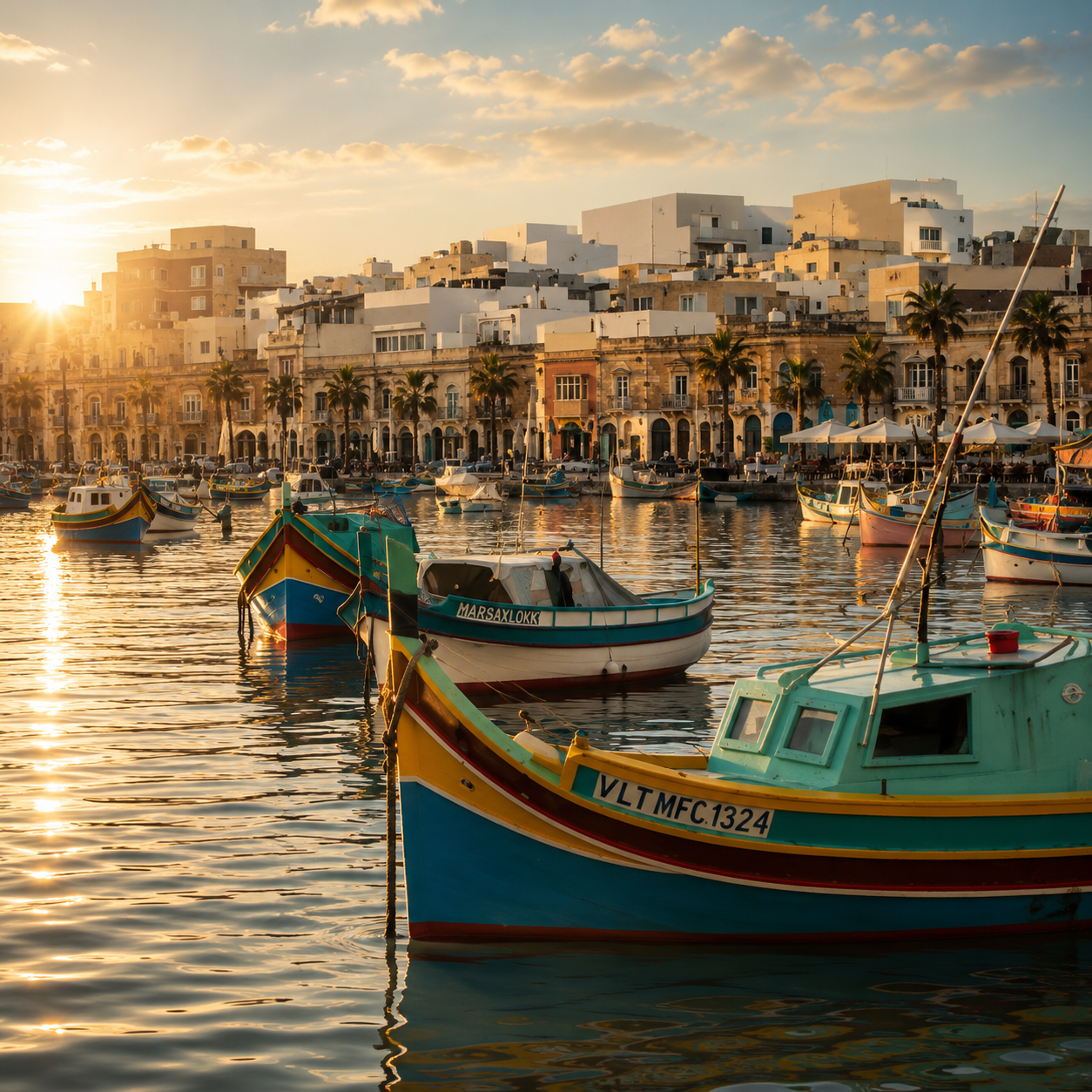 Marsaxlokk harbour at golden hour with traditional colourful luzzu fishing boats and limestone waterfront architecture