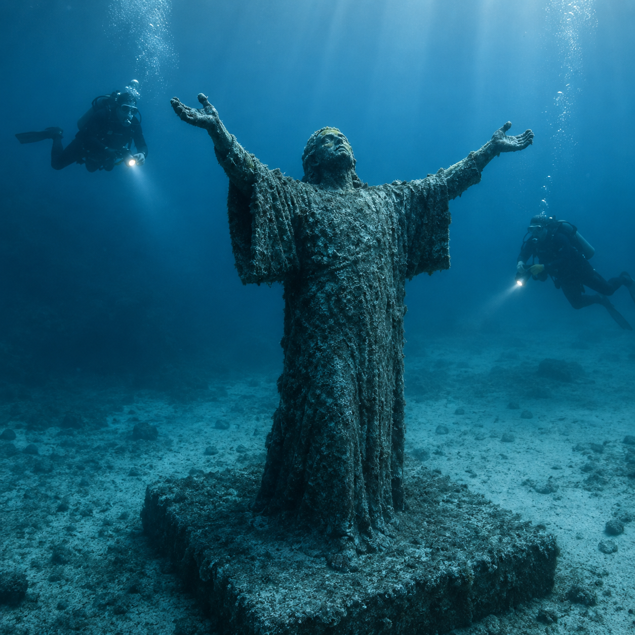 Christ statue submerged in the Mediterranean off Malta with divers and light rays filtering through deep blue water