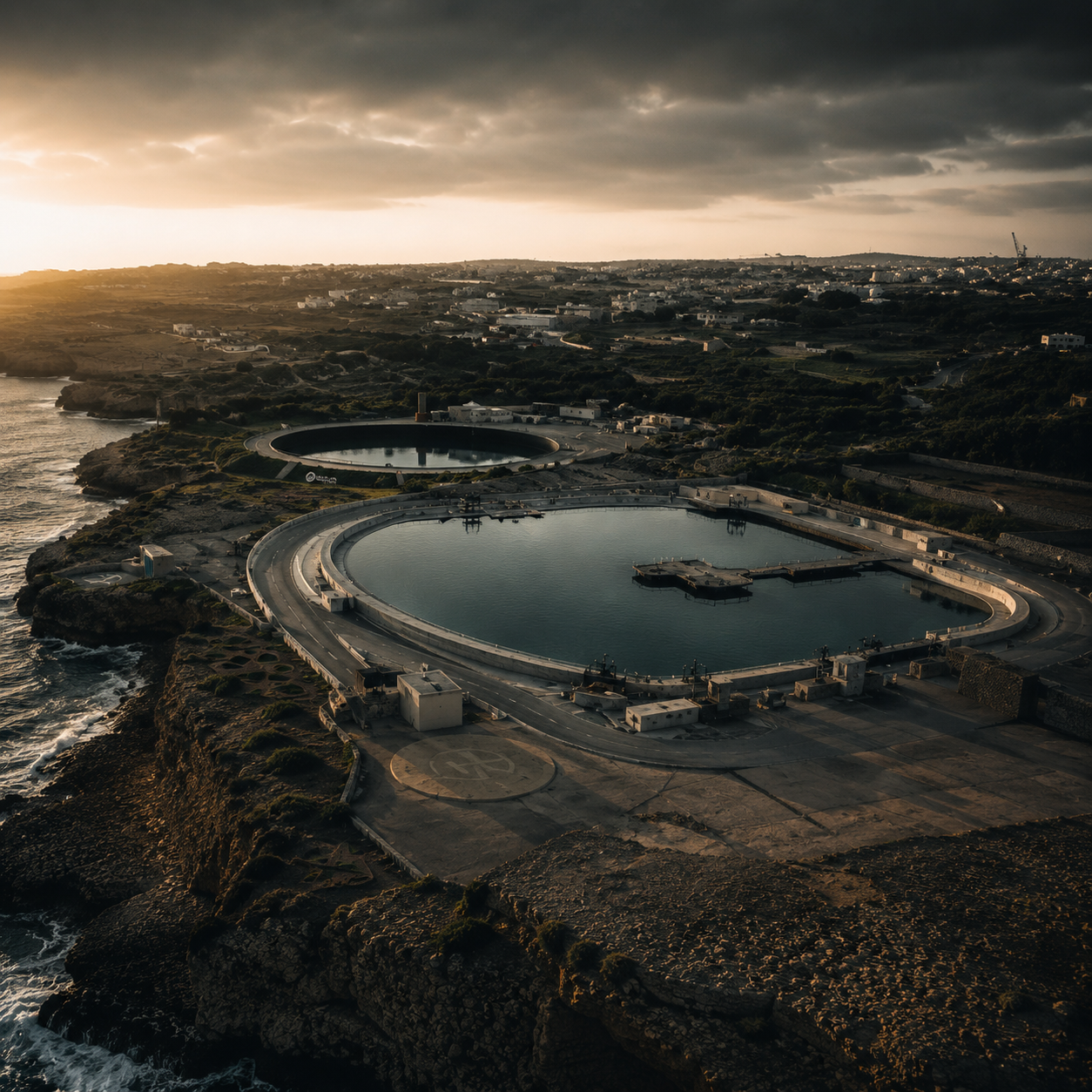 Aerial view of Malta Water Tank Studio at golden hour with two marine tanks on the coastline