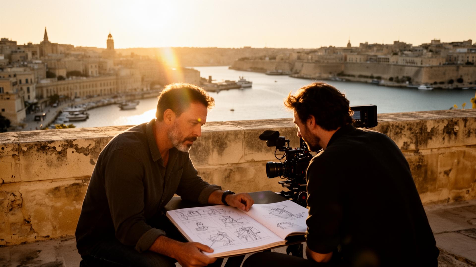Producer and DOP review a storyboard on a Valletta terrace at golden hour