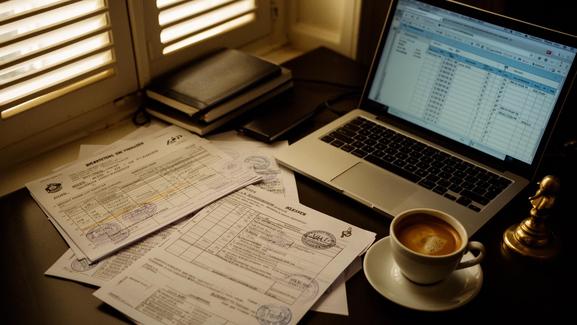 Production office desk with permits, schedule, espresso and laptop