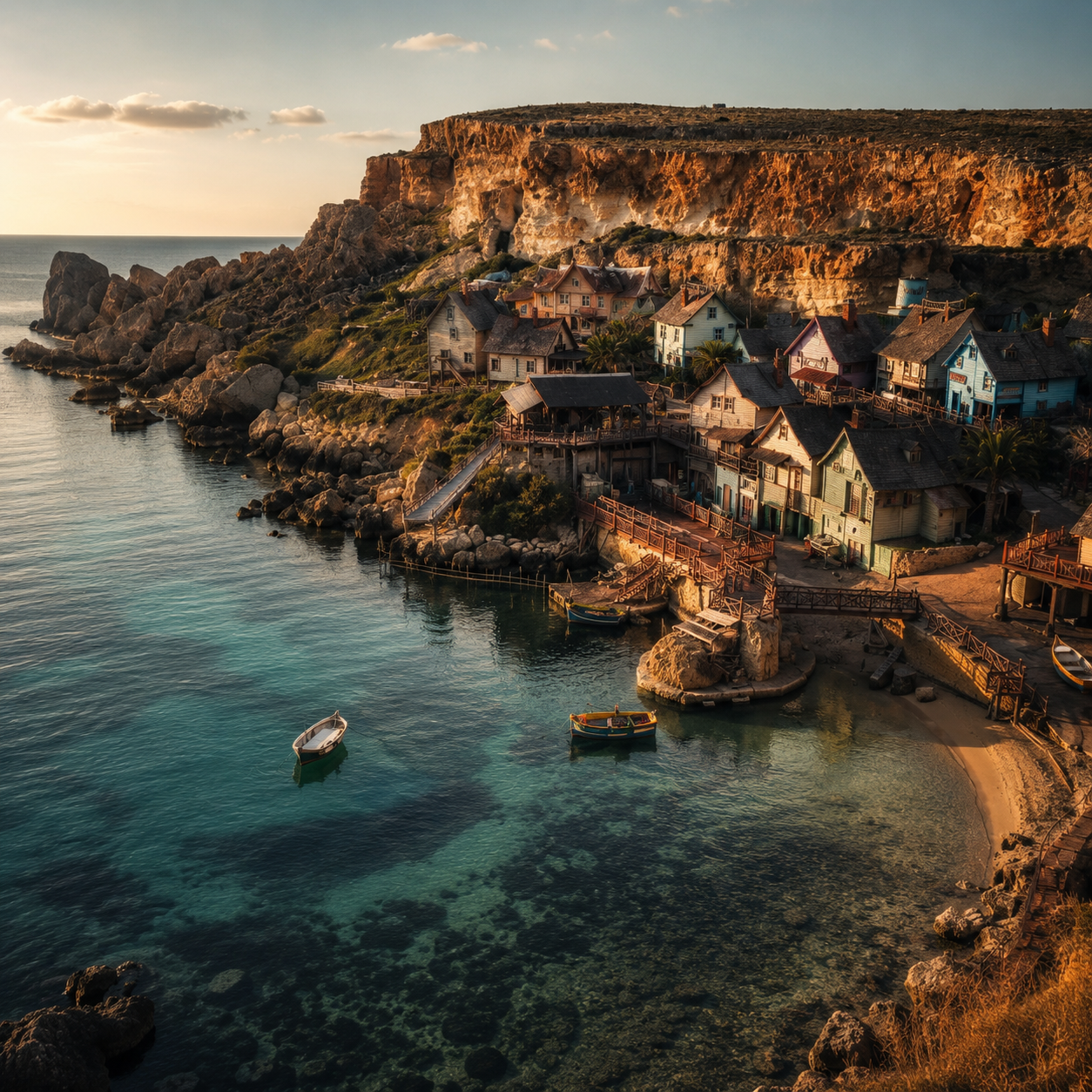 Aerial view of Popeye Village Malta at golden hour with colourful wooden houses, limestone cliffs and crystal-clear Mediterranean bay