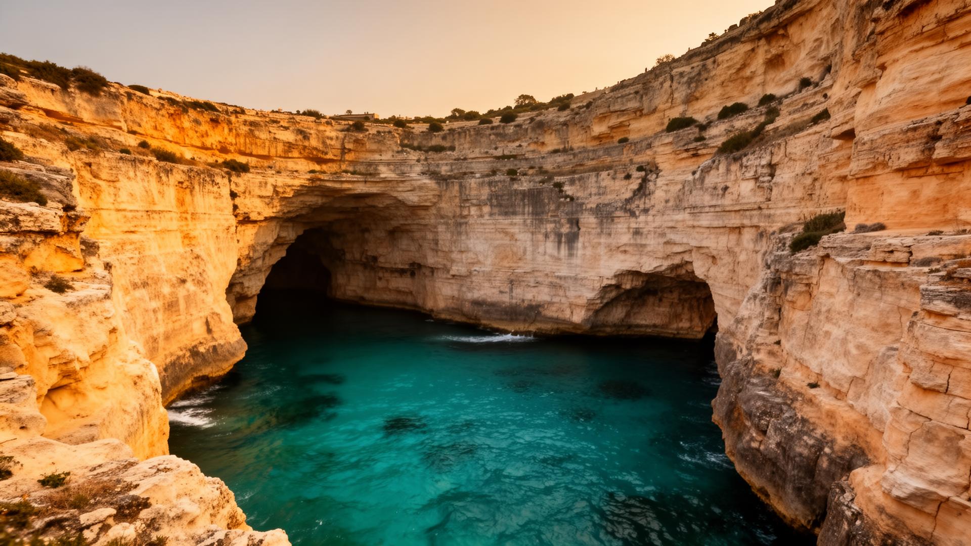 Mediterranean coastline with limestone cliffs, turquoise water and dramatic sea caves