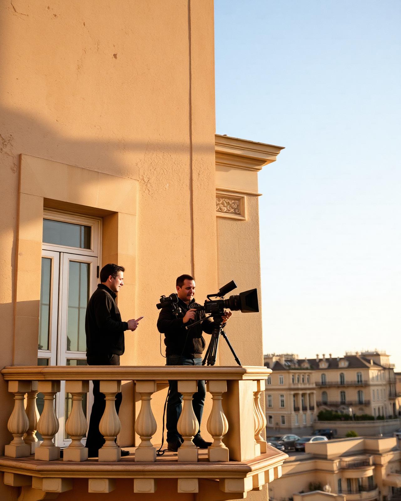 Film crew on a Mediterranean balcony