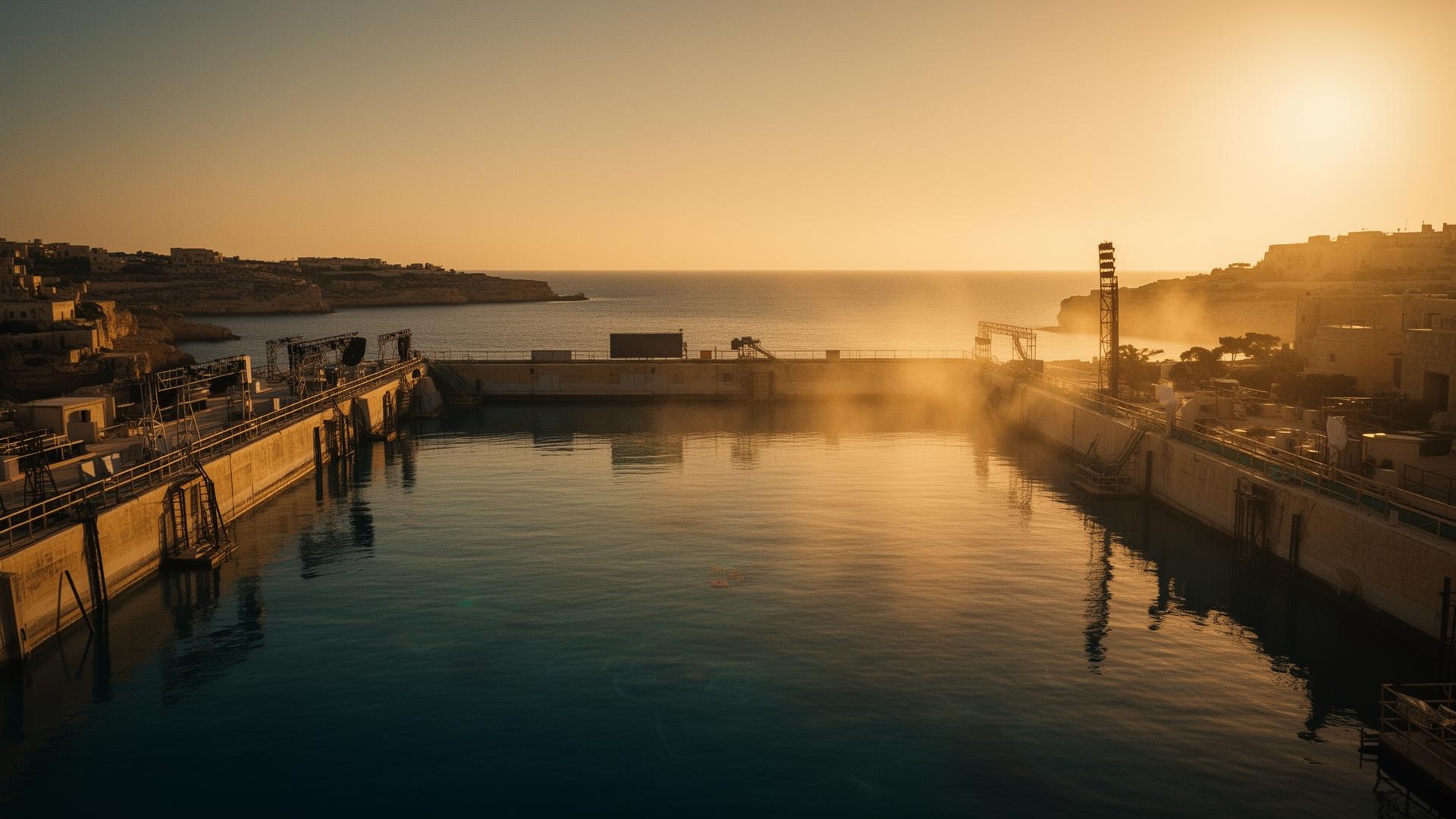 Malta water tank at golden hour with Mediterranean horizon